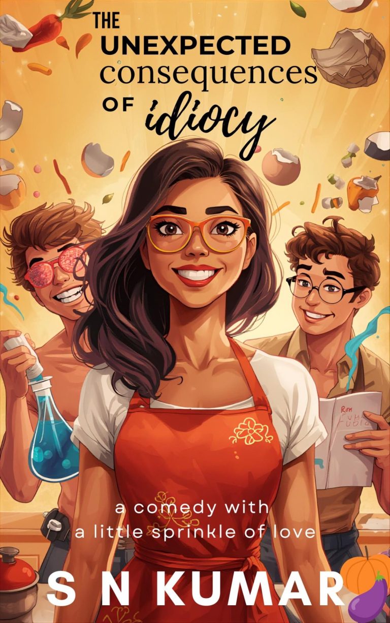 Novel Cover for Author's Comedy book book cover showing 3 people standing, smiling, in a kitchen and smiling with lab equipment and book in hand