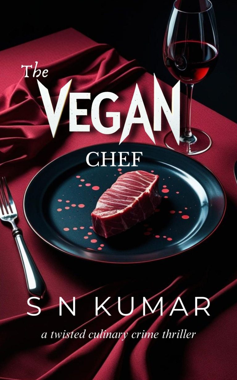 Novel Cover for Author's Dark Noir Psychological Thriller book book cover showing blood and piece of meat on a dark black plate on table that has red cloth, fork & wine glass